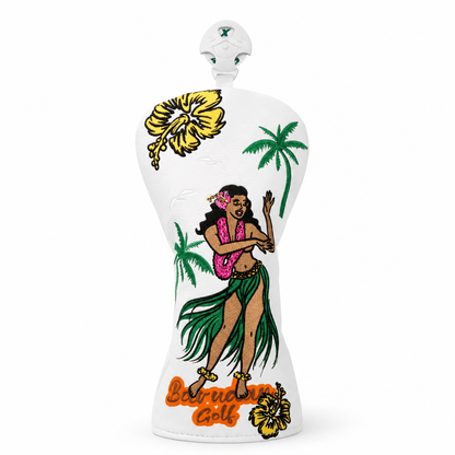 Hula girl headcover with tropical design featuring a dancer, palm trees, and flowers on a white background.