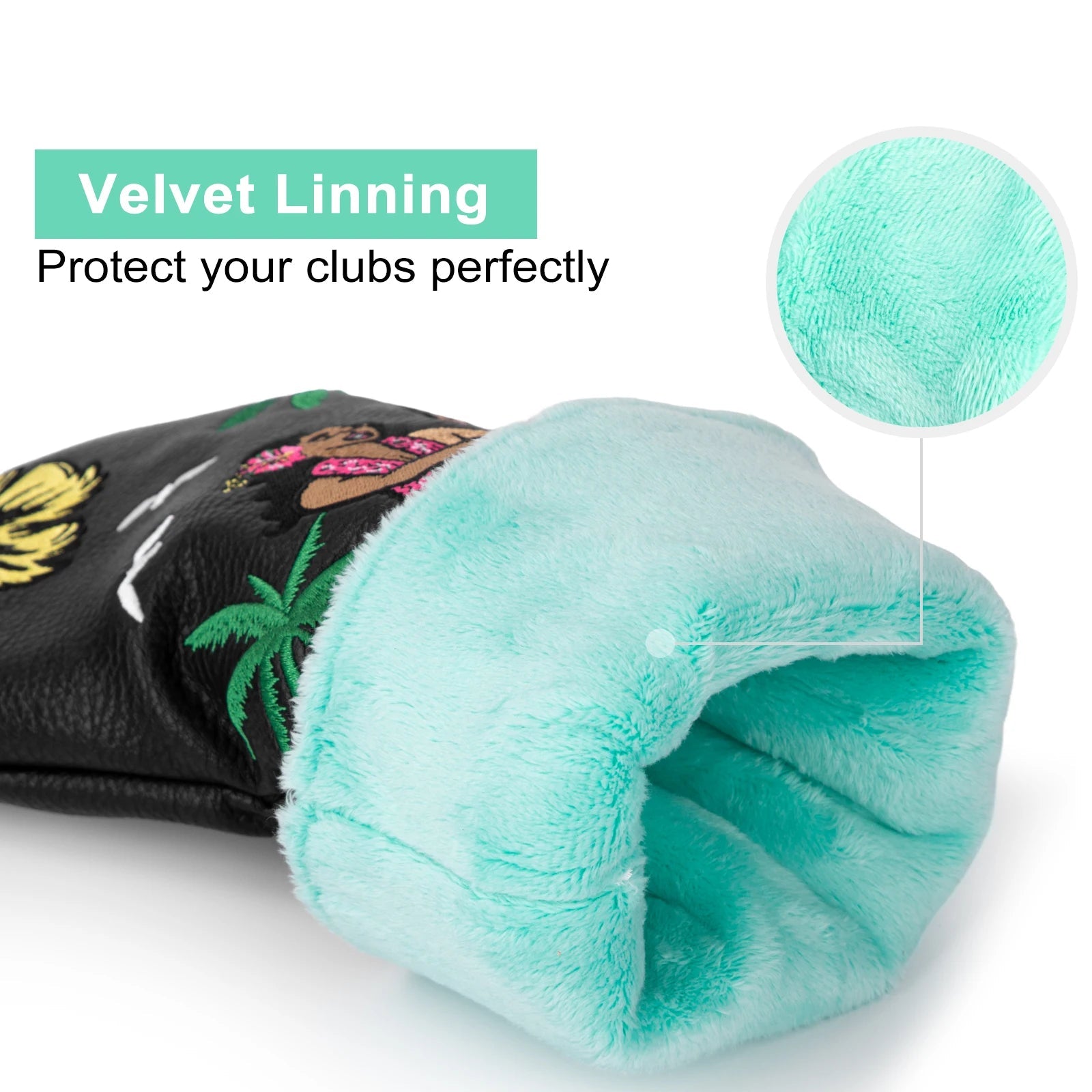 Teal golf club head cover with velvet lining feature on a white background