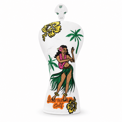 Decorative golf head cover with hula dancer design on a white background