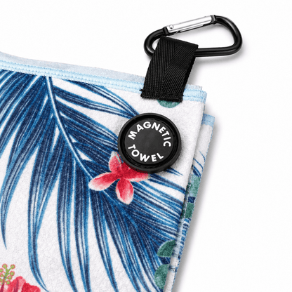 Magnetic towel with floral design and carabiner clip on a white background