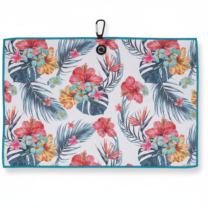 Towel with tropical floral design and carabiner clip on a white background