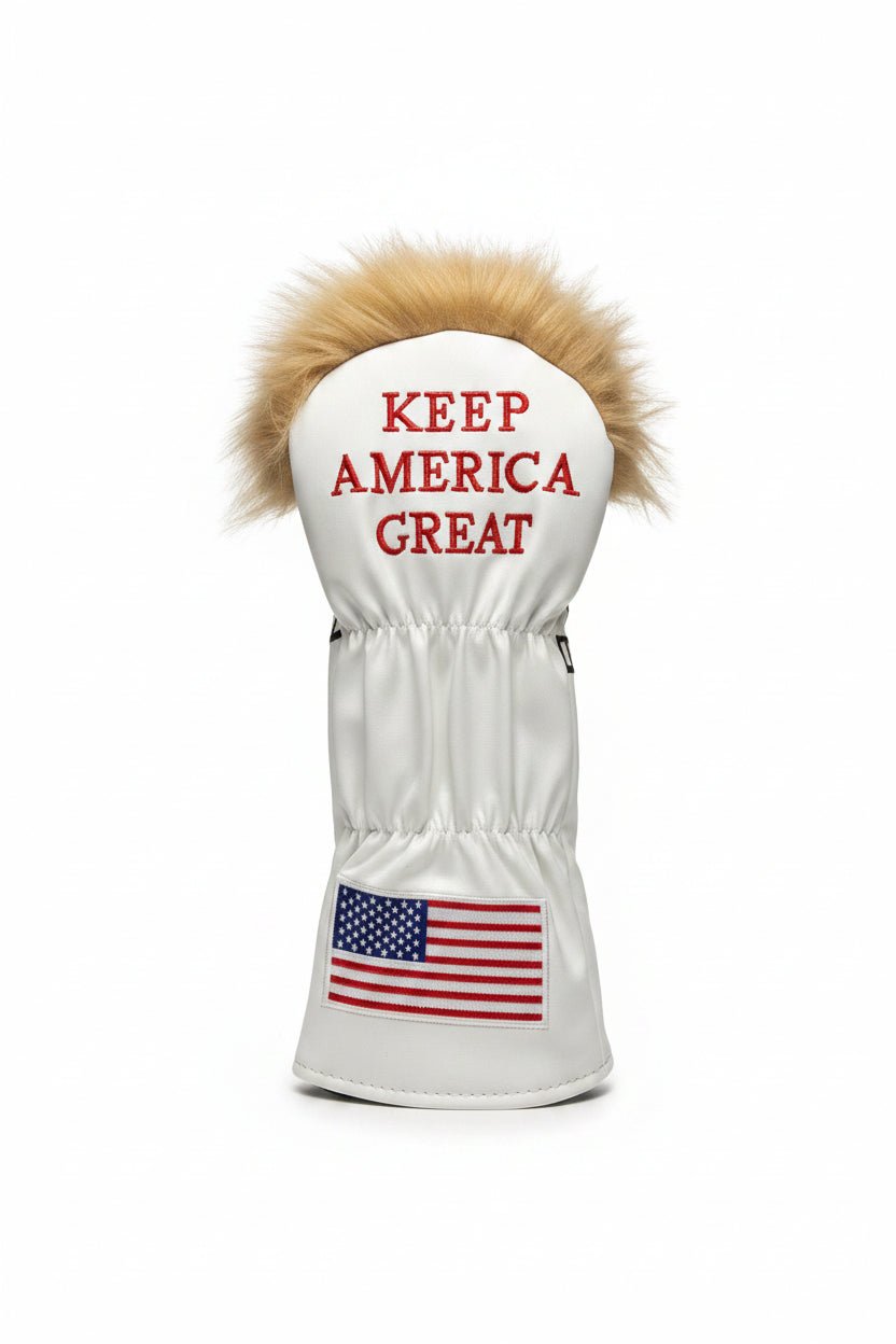Golf head cover with American flag and 'Keep America Great' text on a white surface.