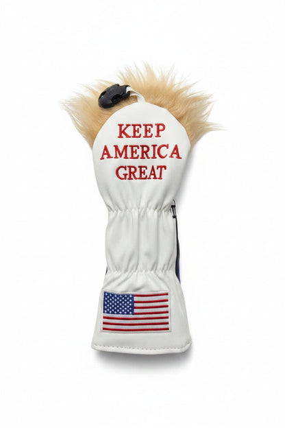 Golf club head cover with American flag and 'Keep America Great' text on a white surface.