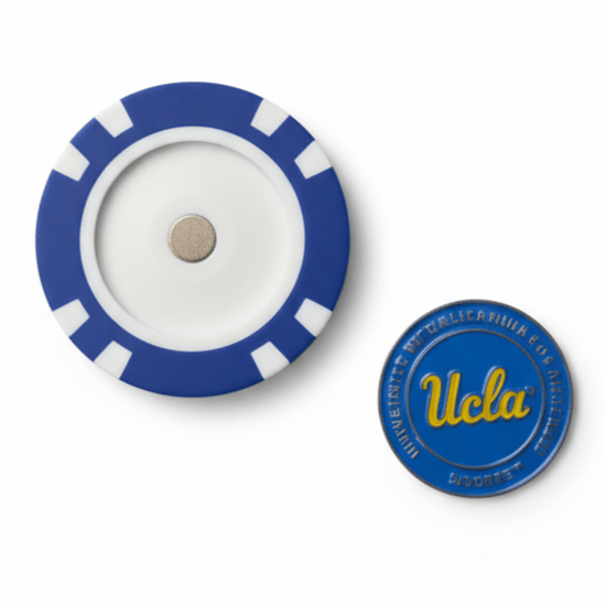 Blue and white circular object with 'UCLA' branding on a white background