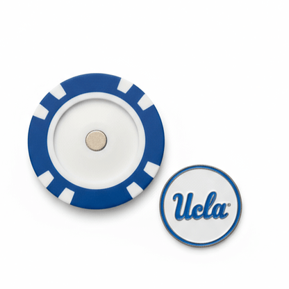 Blue and white circular object with 'UCLA' branding on a white background