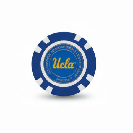 Blue and gold poker chip with UCLA logo on a white background