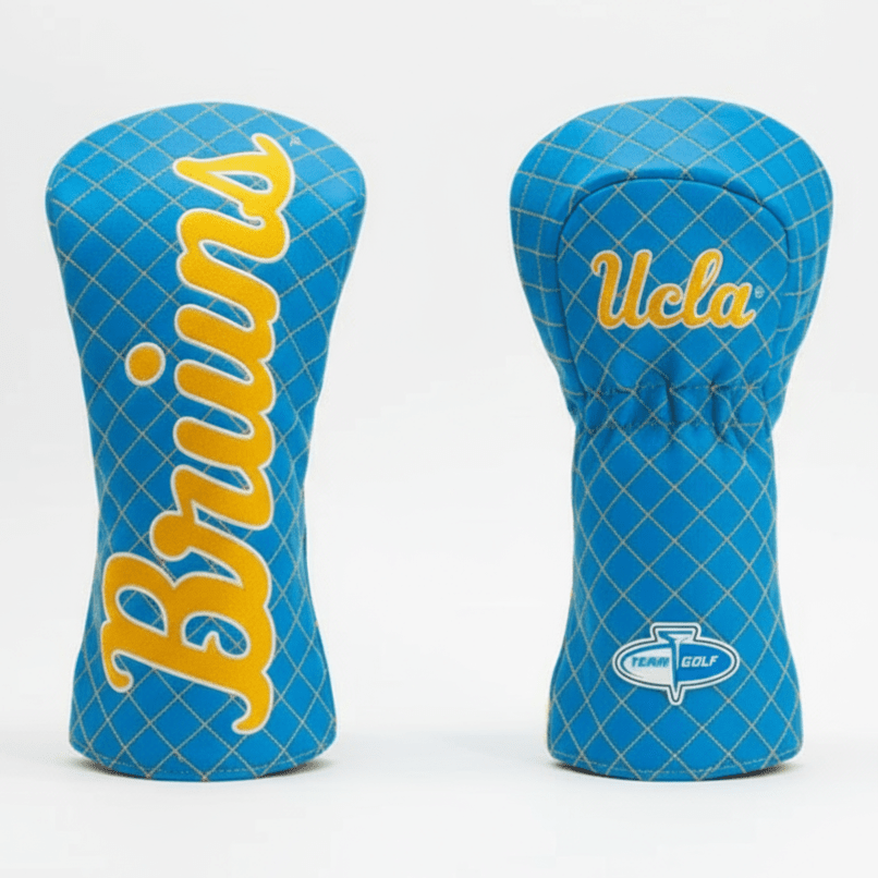 Two blue golf club head covers with 'Bruins' and 'UCLA' branding on a white background.