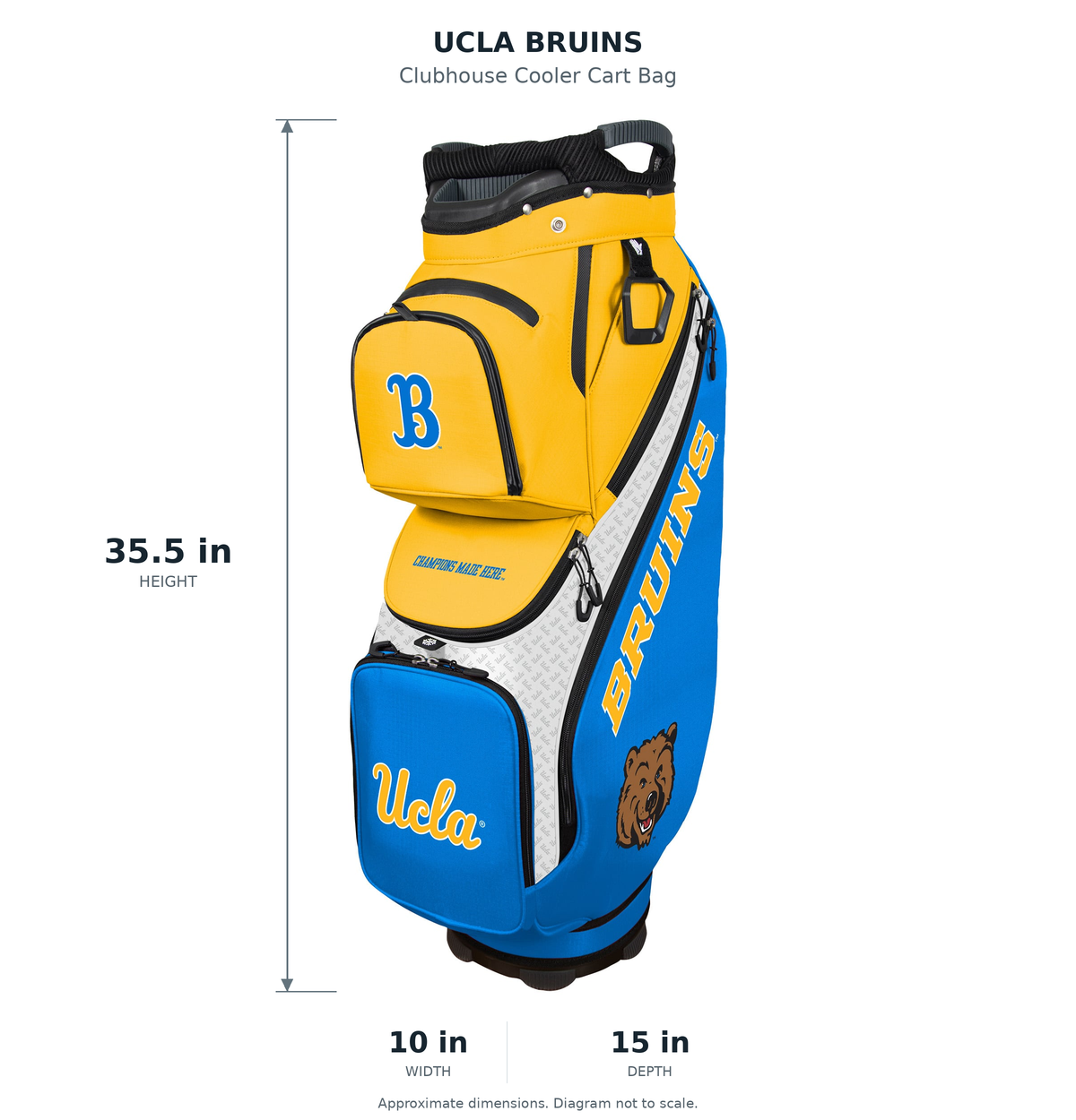 UCLA Bruins Clubhouse Cooler Cart Bag – approximate dimensions 35.5 inches high, 10 inches wide and 15 inches deep