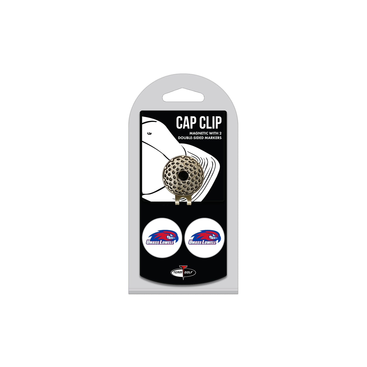 UMass Lowell hat clip with two golf ball markers