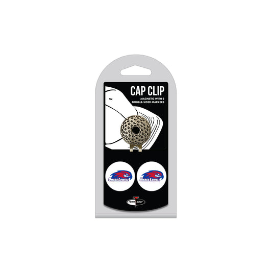 UMass Lowell hat clip with two golf ball markers