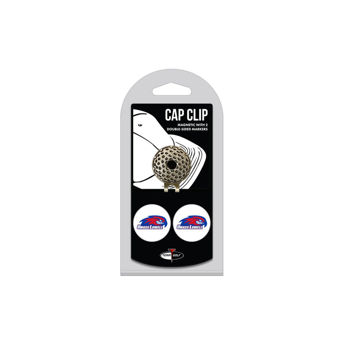 UMass Lowell hat clip with two golf ball markers