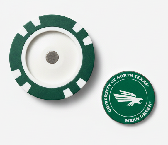 Green and white circular object with a logo on a white background