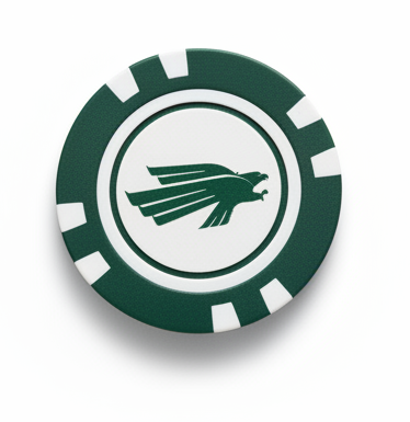 Green and white circular object with a logo on a white background