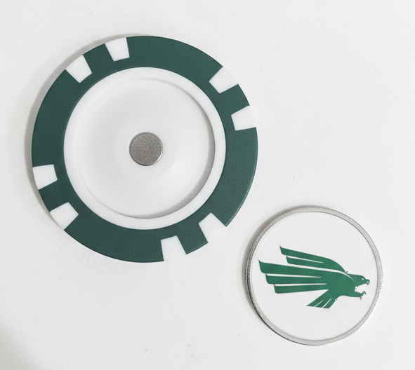 Two green and white circular objects with a logo on a white background