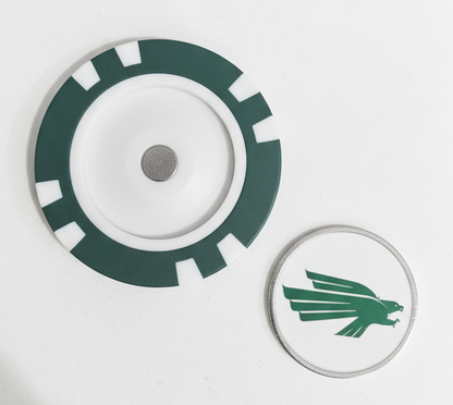 Two green and white circular objects with a logo on a white background