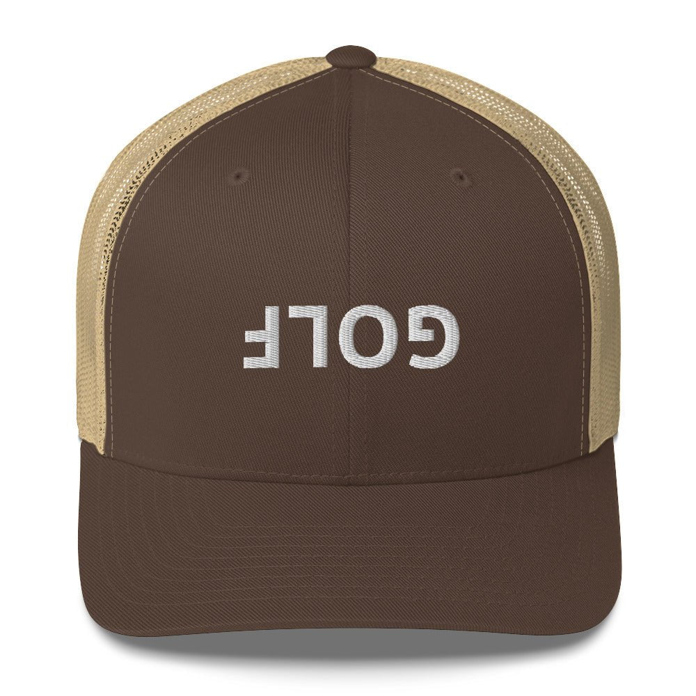 Upside Down Golf Trucker Cap - White Logo - Brown/ Khaki - Club Rehab
