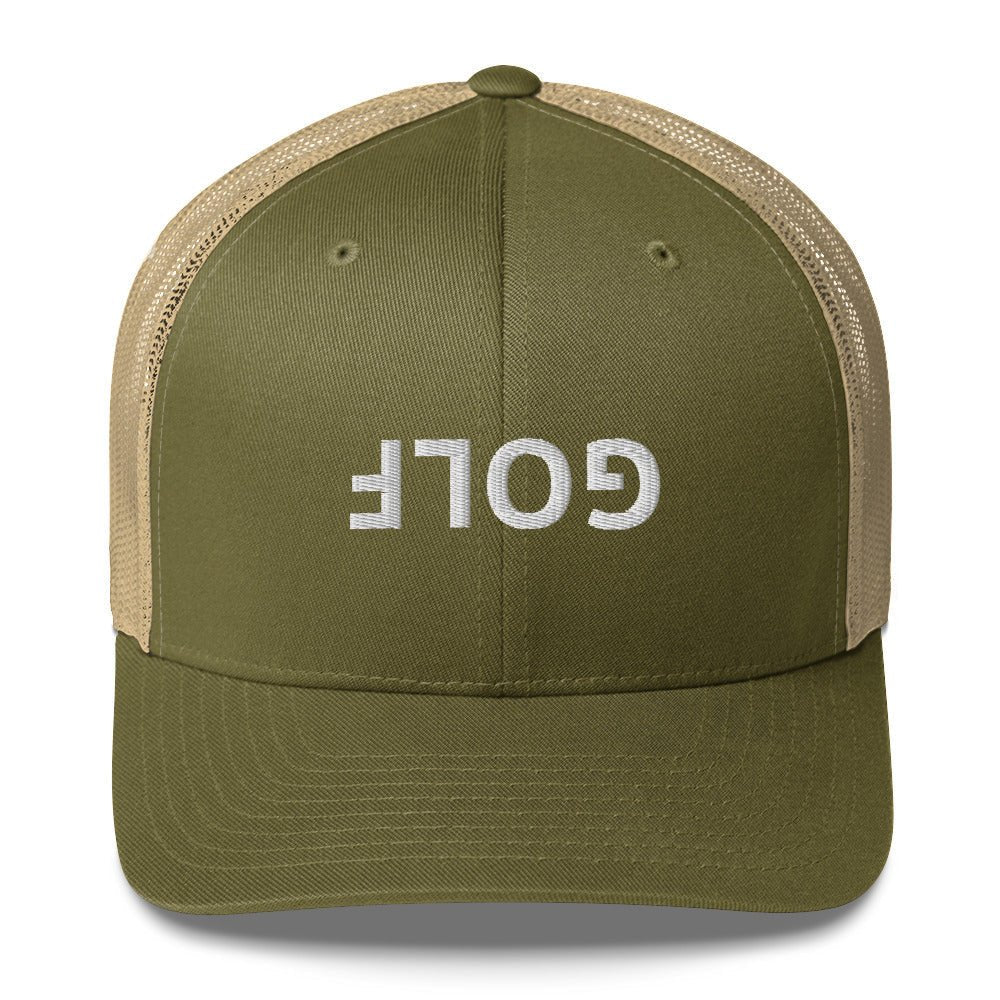 Upside Down Golf Trucker Cap - White Logo - Moss/ Khaki - Club Rehab