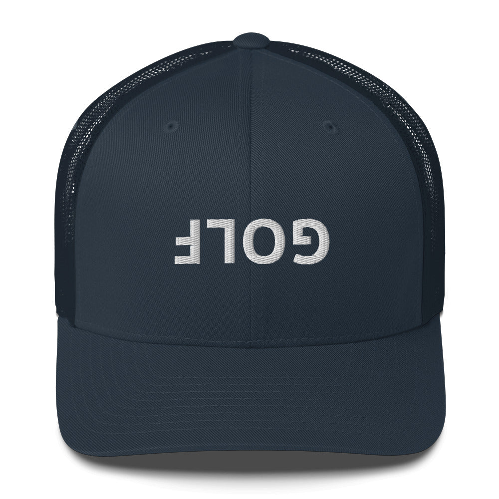 Upside Down Golf Trucker Cap - White Logo - Navy - Club Rehab