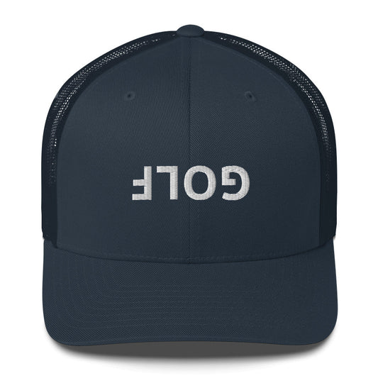 Upside Down Golf Trucker Cap - White Logo - Navy - Club Rehab