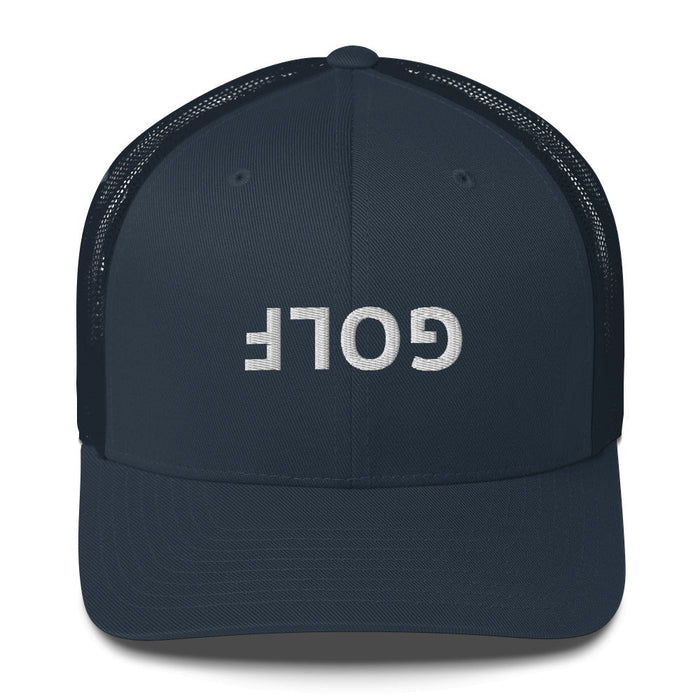 Upside Down Golf Trucker Cap - White Logo - Navy - Club Rehab