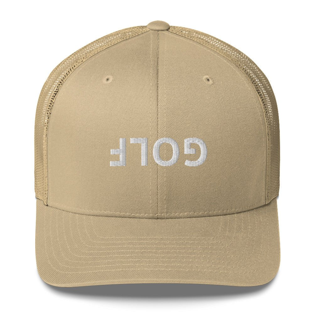 Upside Down Golf Trucker Cap - White Logo - Khaki - Club Rehab