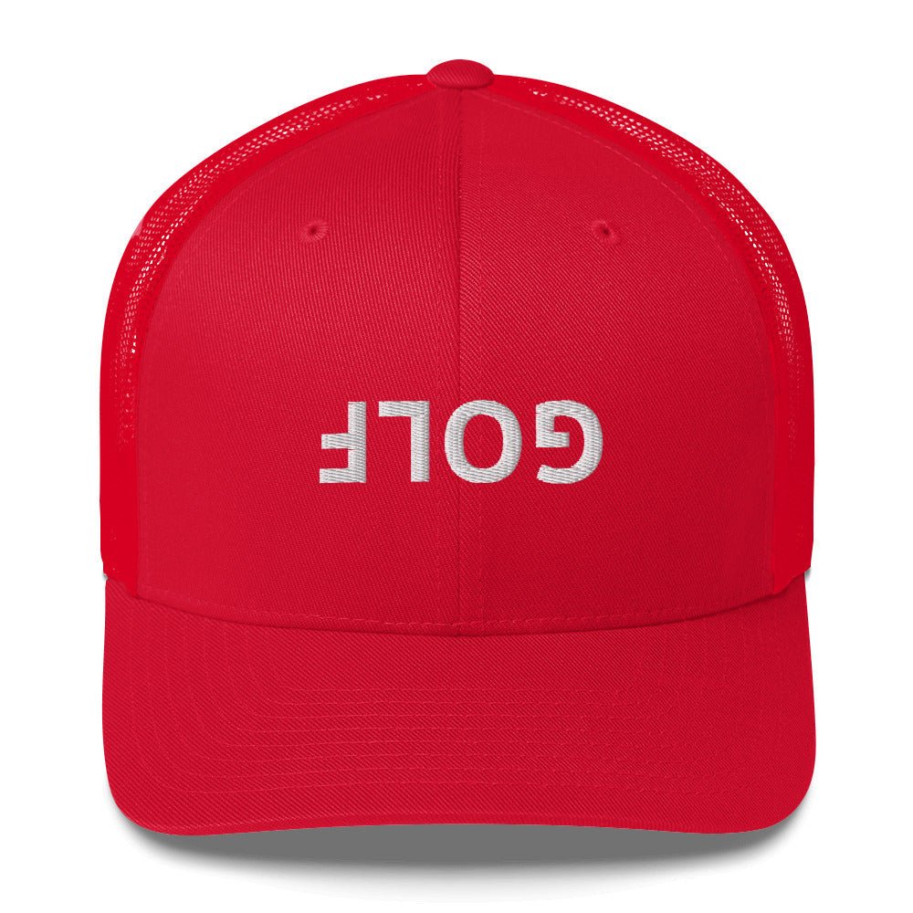 Upside Down Golf Trucker Cap - White Logo - Red - Club Rehab