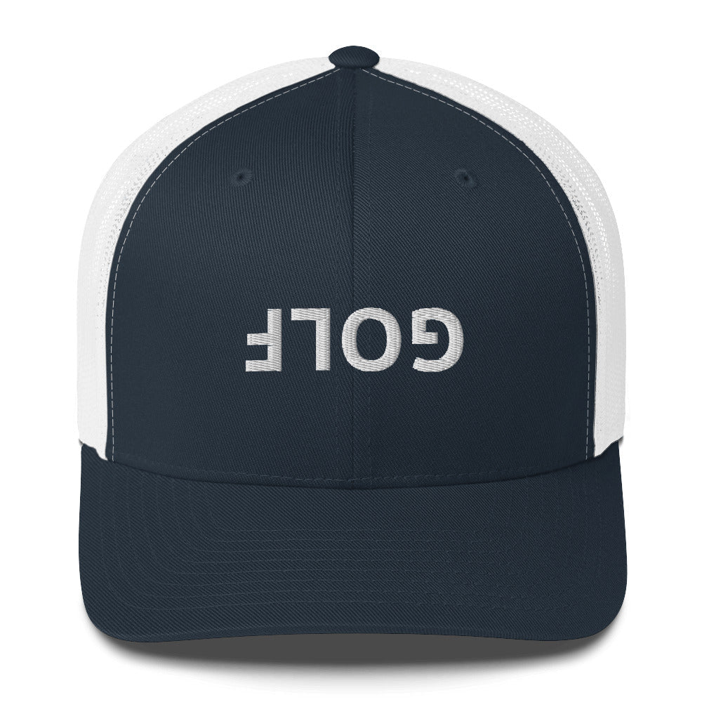 Upside Down Golf Trucker Cap - White Logo - Navy/ White - Club Rehab