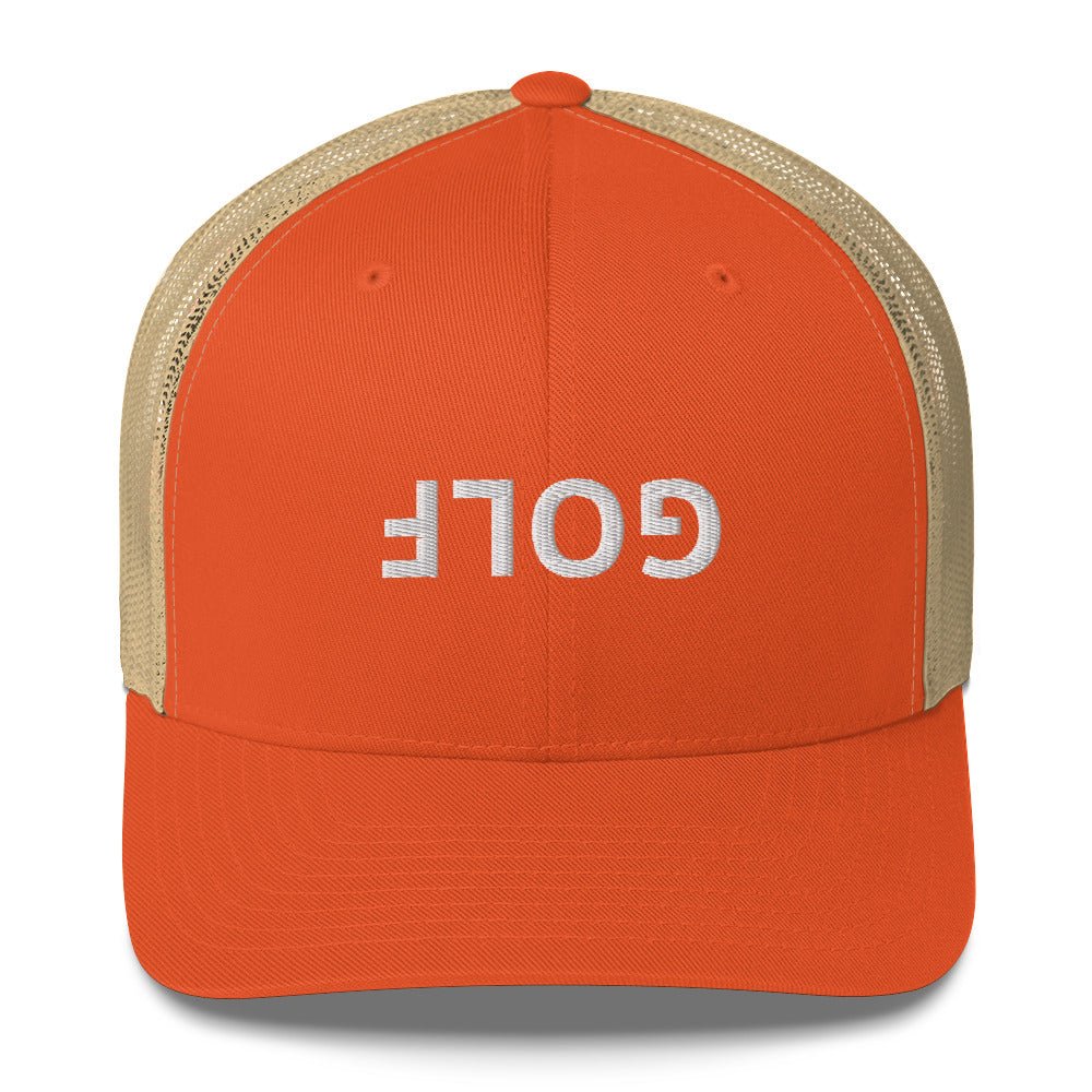 Upside Down Golf Trucker Cap - White Logo - Rustic Orange/ Khaki - Club Rehab