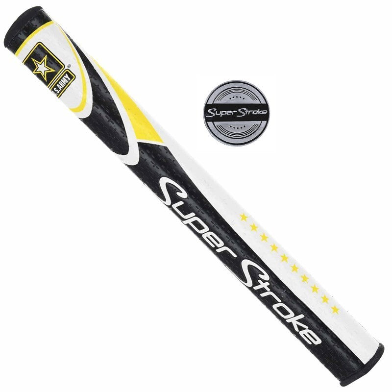 Angled view of the U.S. Army SuperStroke Mid Slim 2.0 putter grip beside its silver and black SuperStroke metal ball marker