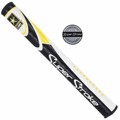 Angled view of the U.S. Army SuperStroke Mid Slim 2.0 putter grip beside its silver and black SuperStroke metal ball marker