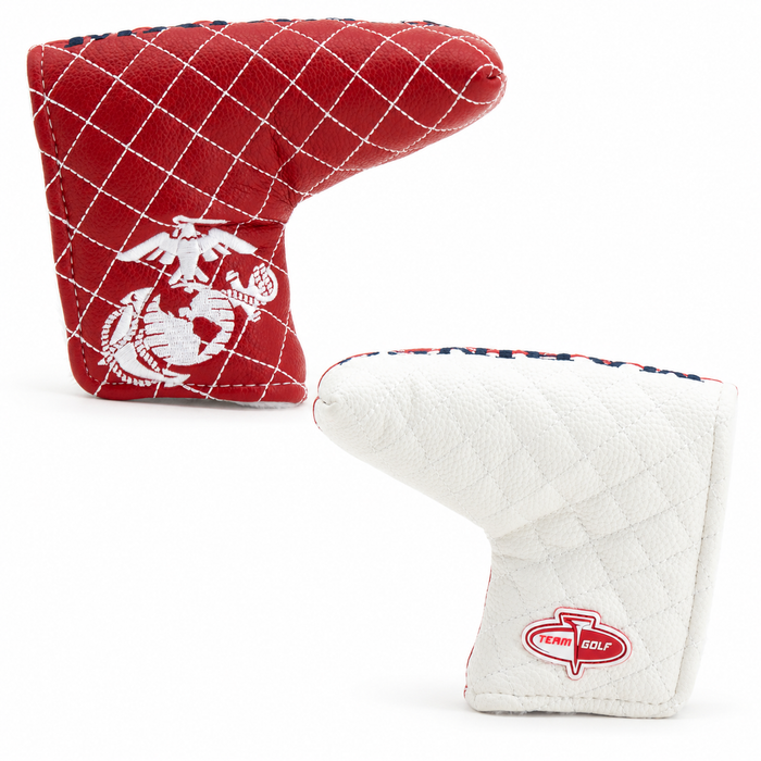 U.S. Marines split quilted blade putter headcover, offset front and back views