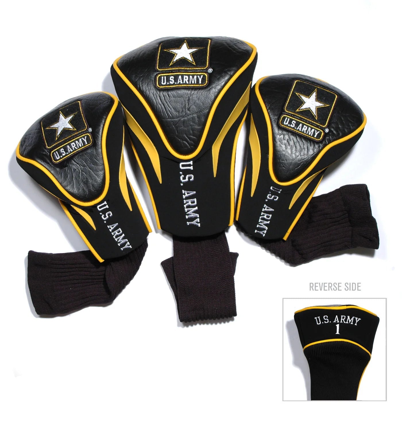 Set of three U.S. Army embroidered golf headcovers for driver and fairway clubs, black with yellow stripes and US Army star logo on white background