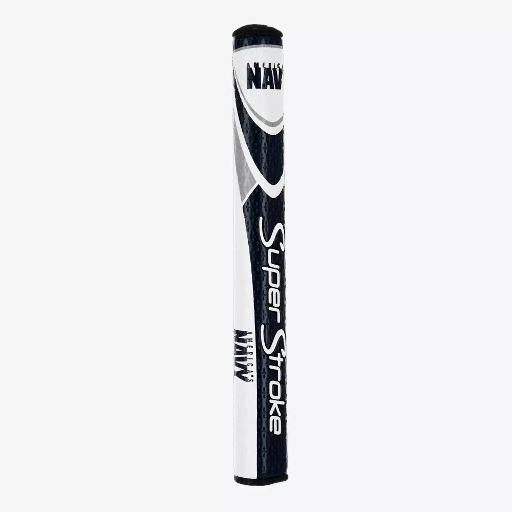 Angled view of the U.S. Navy SuperStroke Mid Slim 2.0 putter grip showing navy blue and white graphics