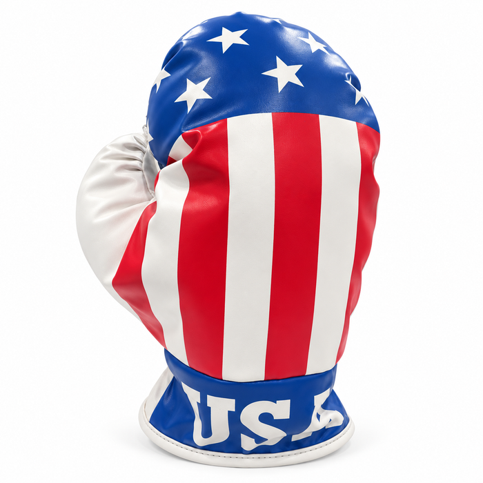 USA boxing glove driver headcover front view with stars, stripes and USA cuff on white
