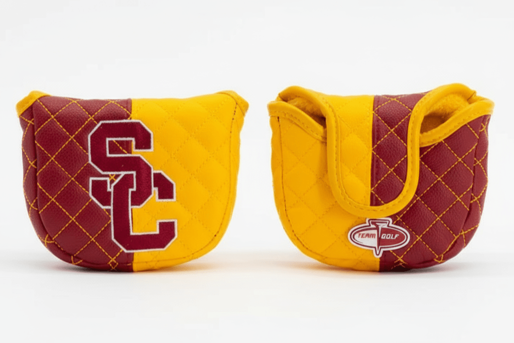Two golf club covers with maroon and yellow color scheme on a white background