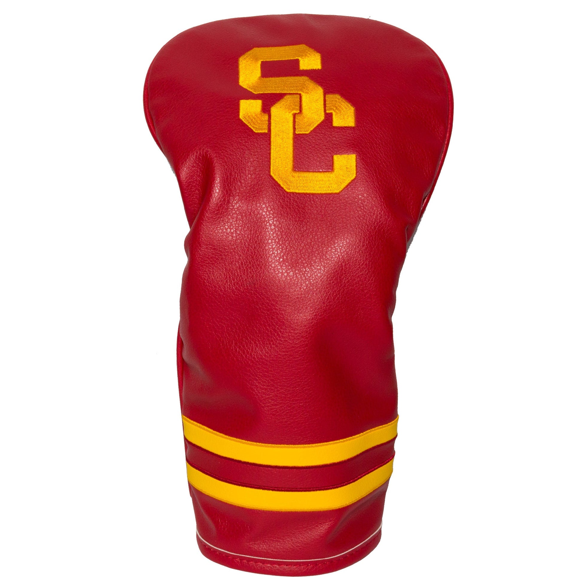 Red golf club head cover with yellow 'SC' logo on a white background
