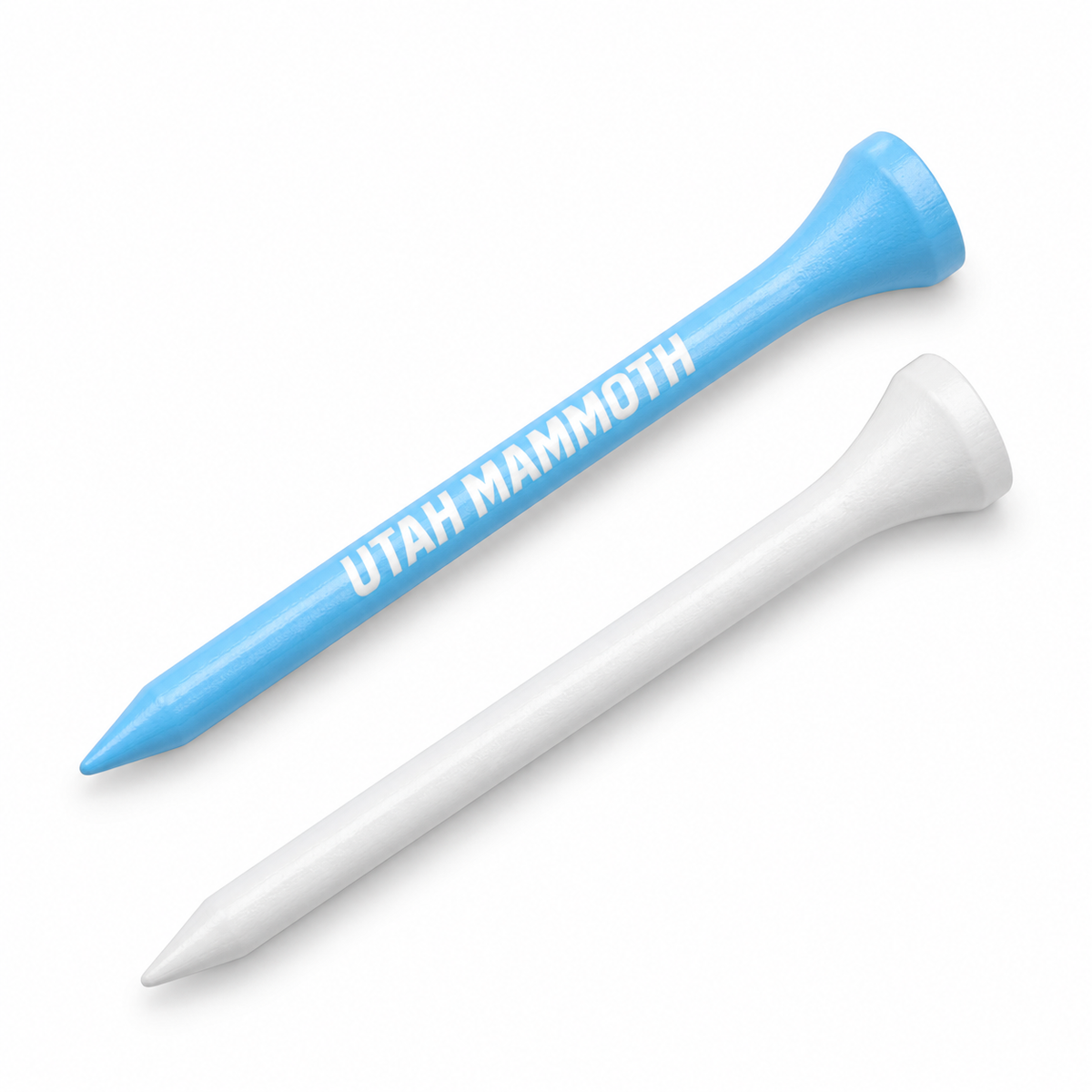 Utah Mammoth golf tees in light blue and white, with the white tee shown from the reverse side.