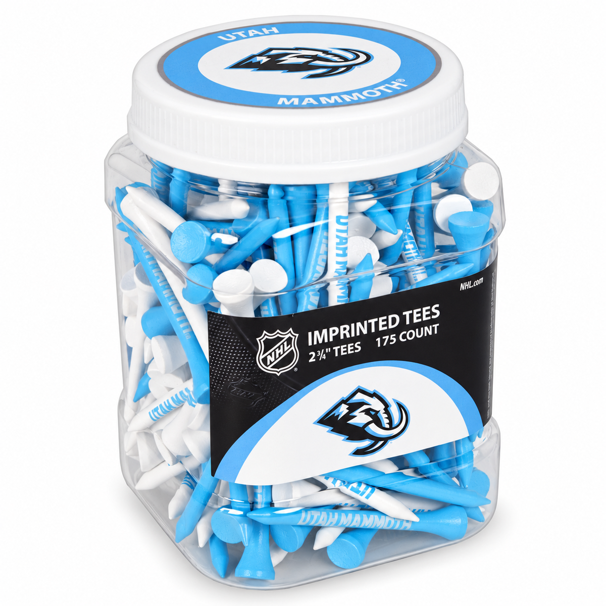 Utah Mammoth closed jar containing 175 2¾-inch golf tees with its team-logo lid attached.