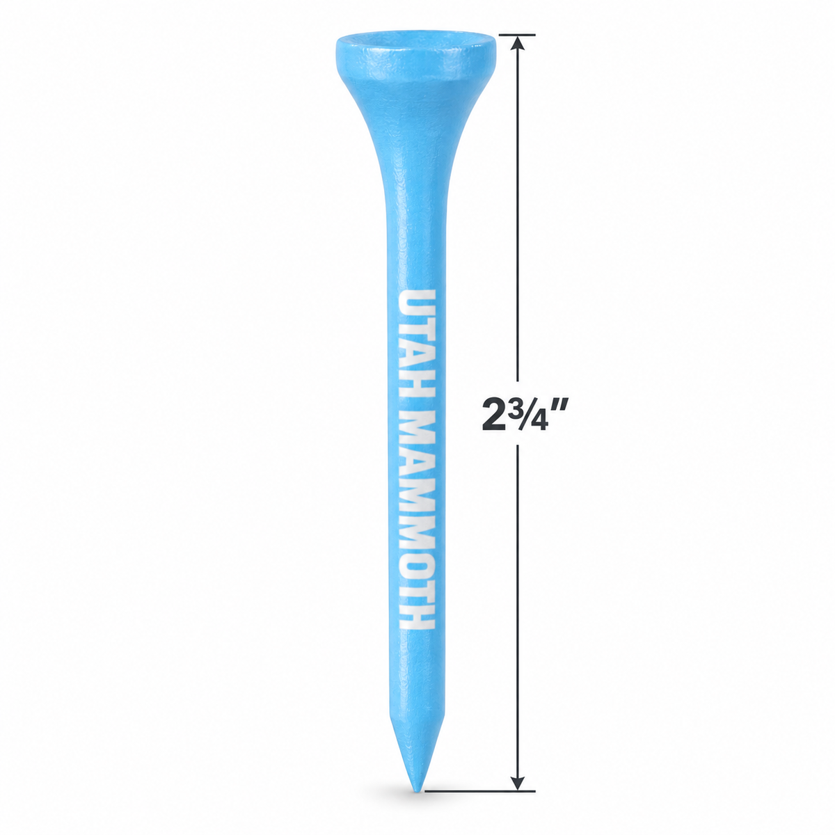 Light blue Utah Mammoth golf tee with a 2¾-inch height measurement.