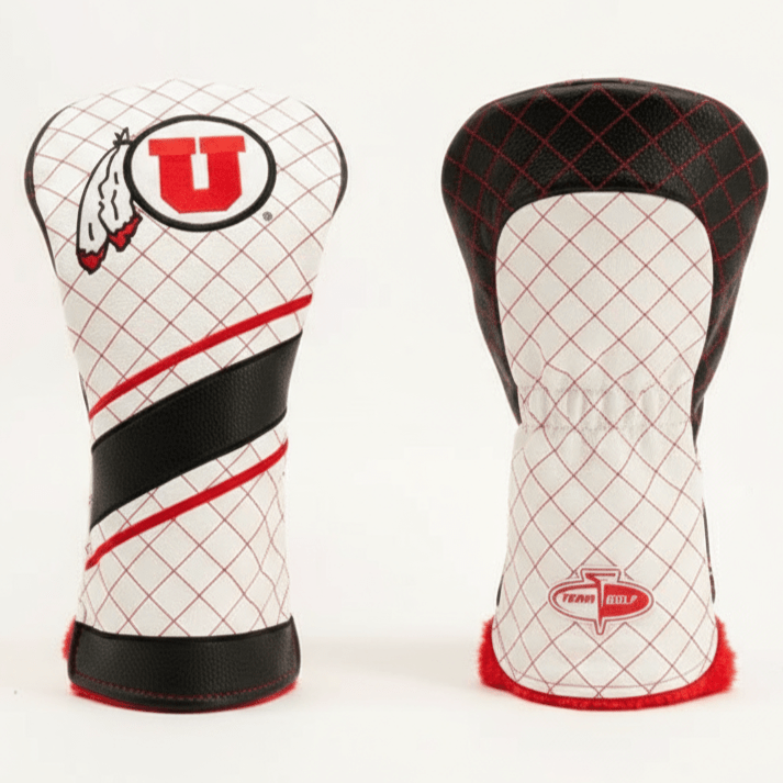 Two golf club head covers with a logo on a white background