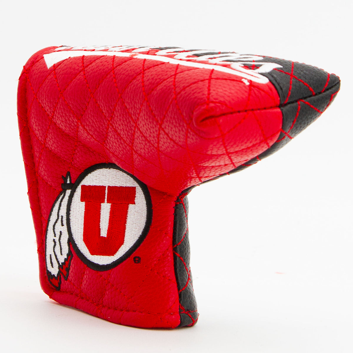 Utah Utes split quilted blade putter cover, close-up of the stitching and textured exterior