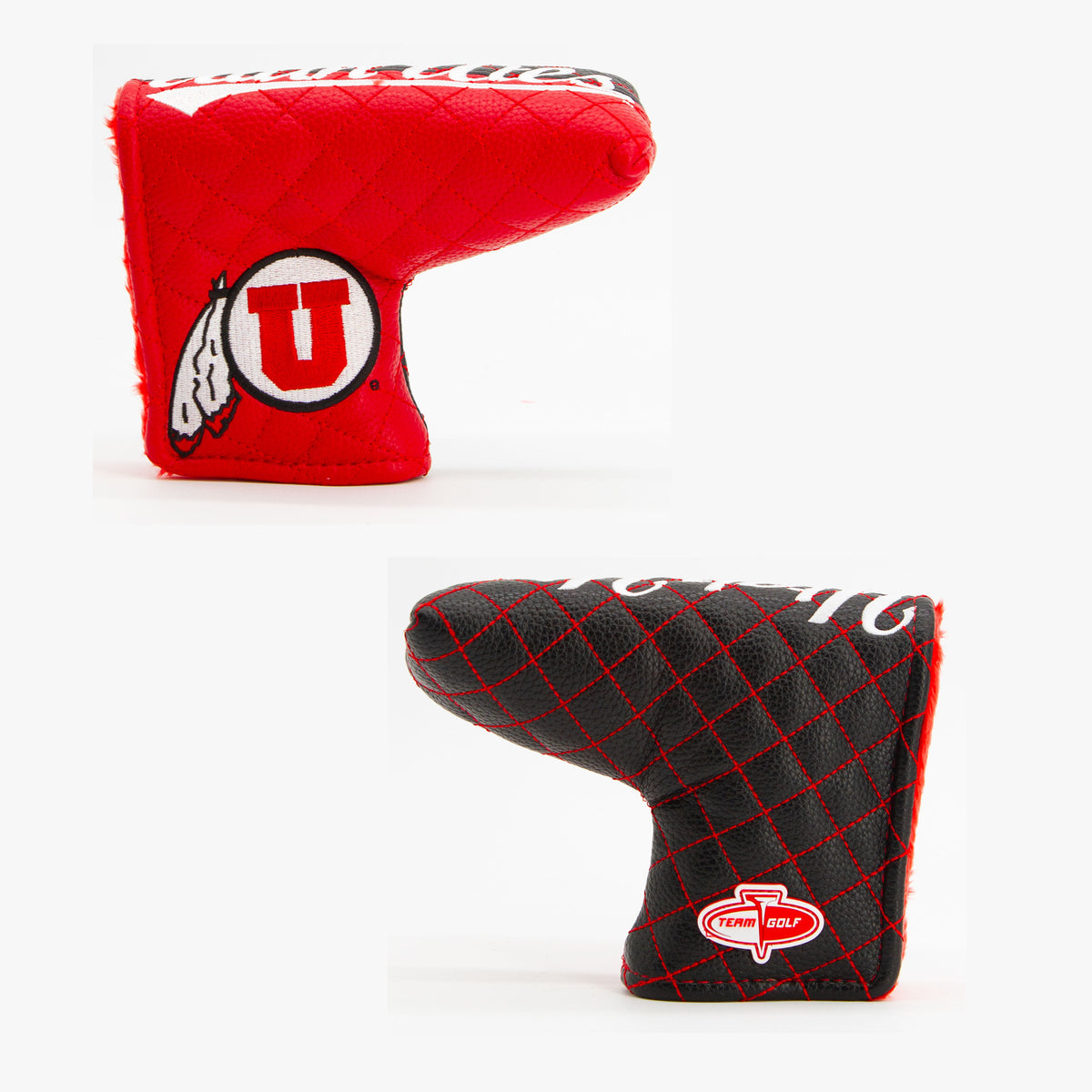 Utah Utes Split Quilted Blade Putter Cover, offset front and back views