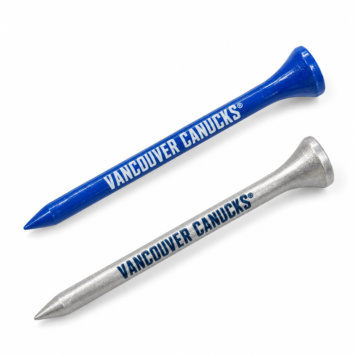 Vancouver Canucks golf tees in blue and metallic silver with team lettering.