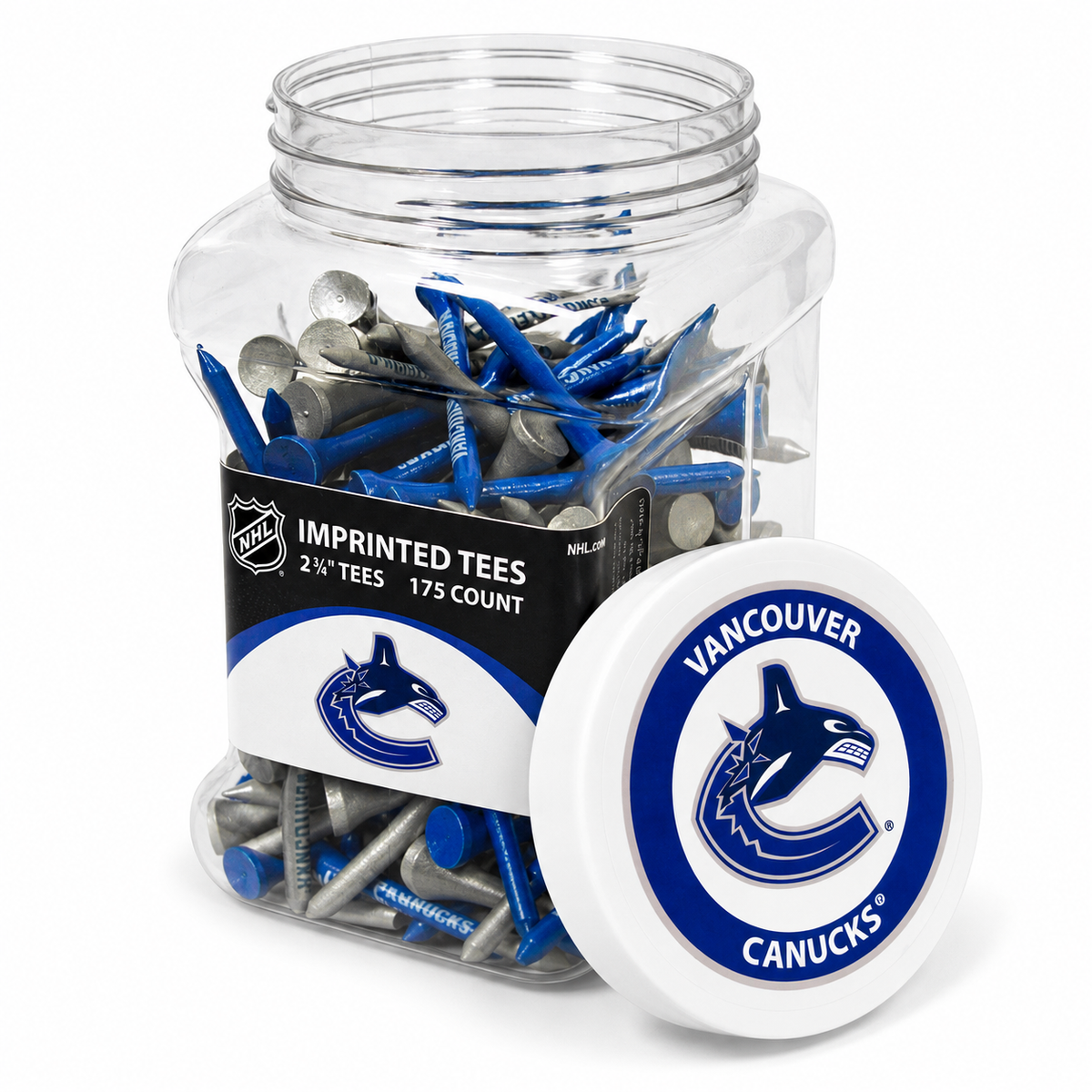 Vancouver Canucks jar containing 175 2¾-inch golf tees with its separate team-logo lid.