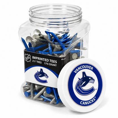 Vancouver Canucks jar containing 175 2¾-inch golf tees with its separate team-logo lid.
