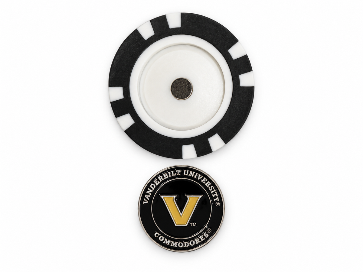 Vanderbilt magnetic ball marker and golf poker chip on white background