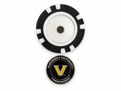 Vanderbilt magnetic ball marker and golf poker chip on white background