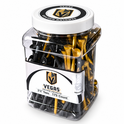 Vegas Golden Knights closed jar containing 175 2¾-inch golf tees with its team-logo lid attached.