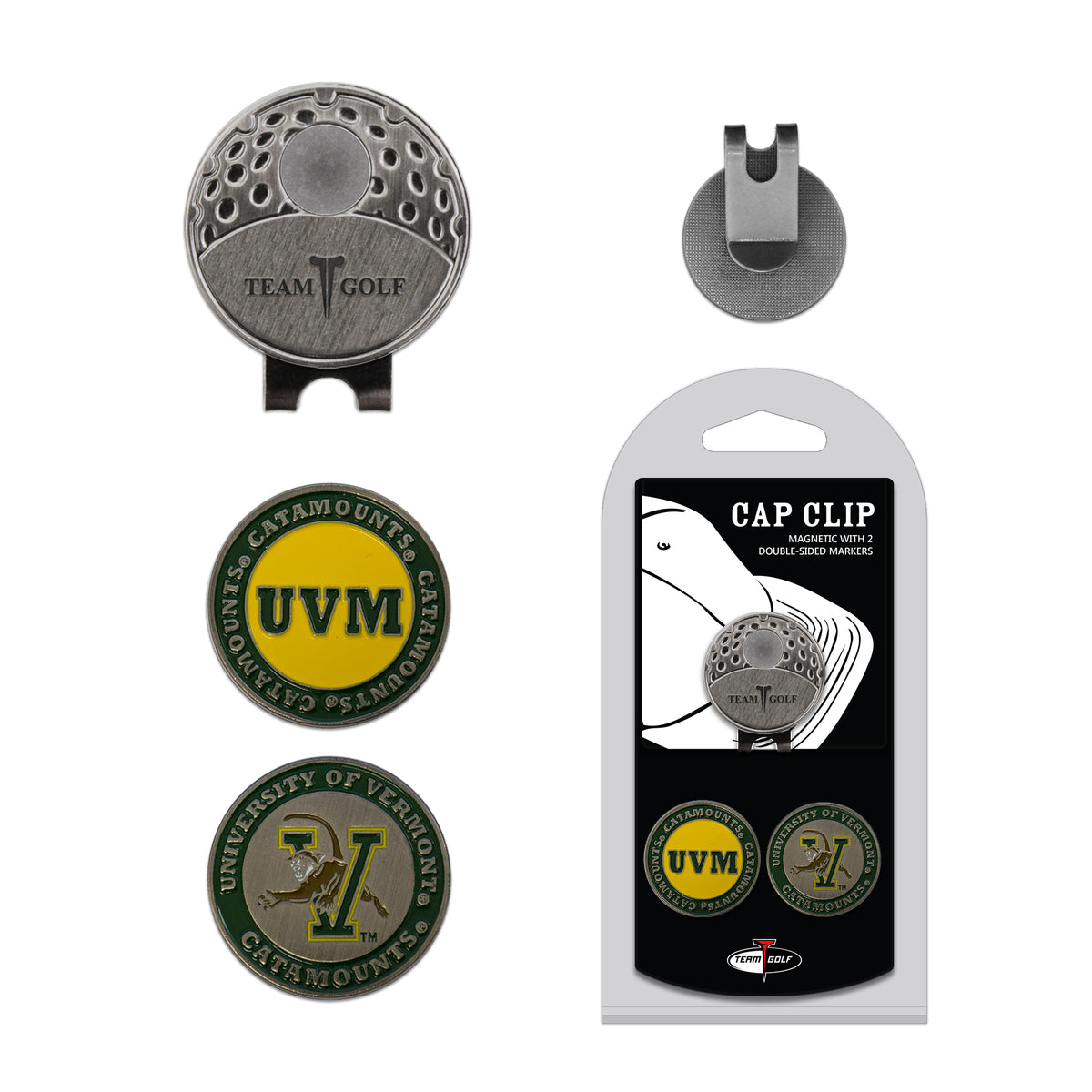 Vermont Catamounts hat clip with two golf ball markers