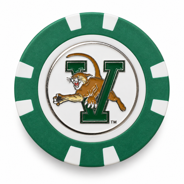 Vermont Catamounts poker chip front with green V logo